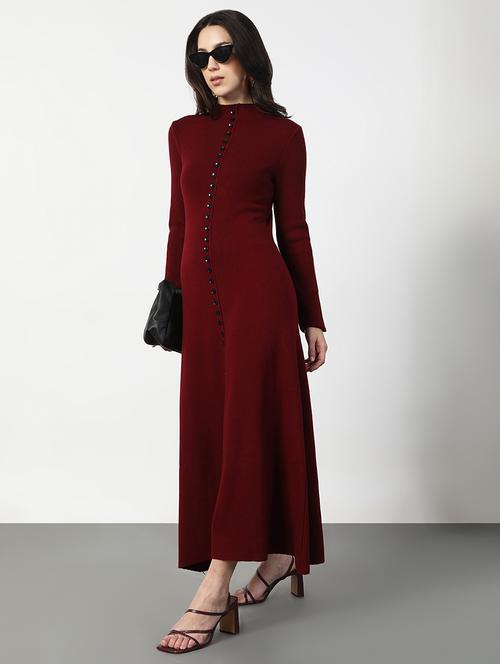 women maroon solid long sleeve a-line dress - 22038244 - Very Small Image - 1