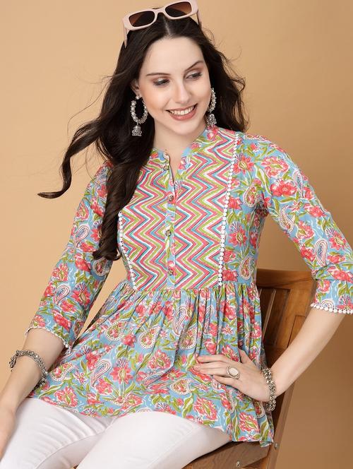 women printed three quarter sleeve flared kurti - 22040477 - Very Small Image - 1