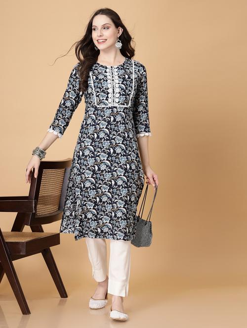 women printed three quarter sleeve straight kurti - 22040901 - Very Small Image - 1