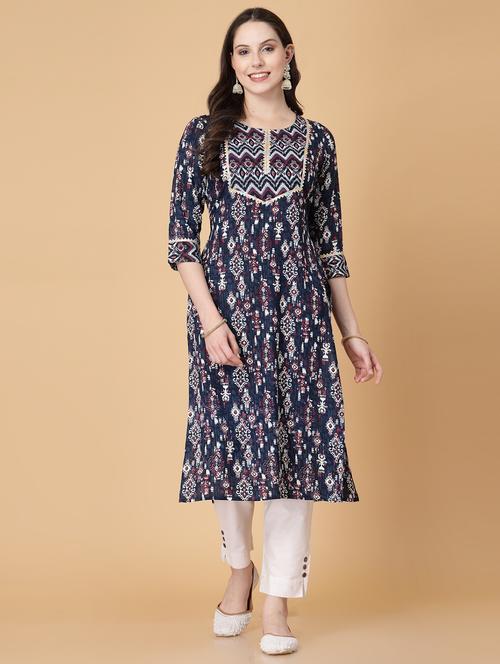 women printed three quarter sleeve straight kurti - 22040905 - Very Small Image - 1