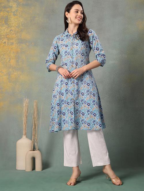 Women Printed Three Quarter Sleeve Straight Kurta - 22041002 - Very Small Image - 1