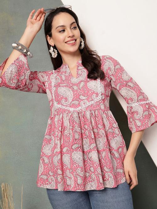 women printed three quarter sleeve tiered kurti - 22041014 - Very Small Image - 1