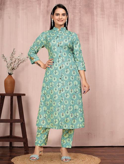 women printed three quarter sleeve kurta and pant set - 22042208 - Very Small Image - 1