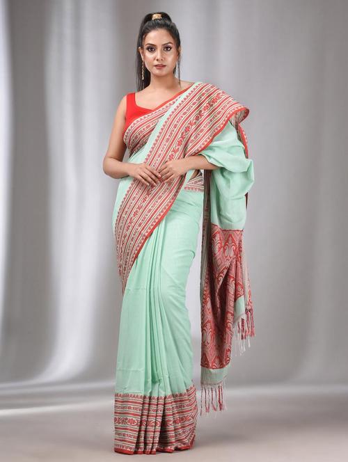 green cotton chettinad saree with blouse - 22043449 - Very Small Image - 1