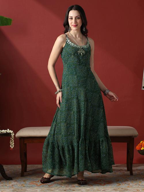 globus women green embroidered round neck stylised tie back detail bandhani georgette fit & flare festive maxi dress - 22056943 - Very Small Image - 1