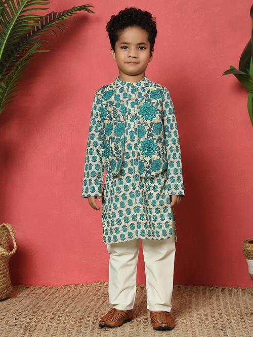 Boys Printed Mandarin Collar Kurta Pyjama Set With Nehru Jacket - 22058608 - Very Small Image - 1