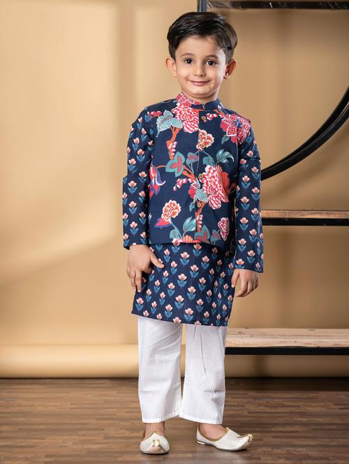 Boys Printed Mandarin Collar Kurta Pyjama Set With Nehru Jacket - 22058705 - Very Small Image - 1