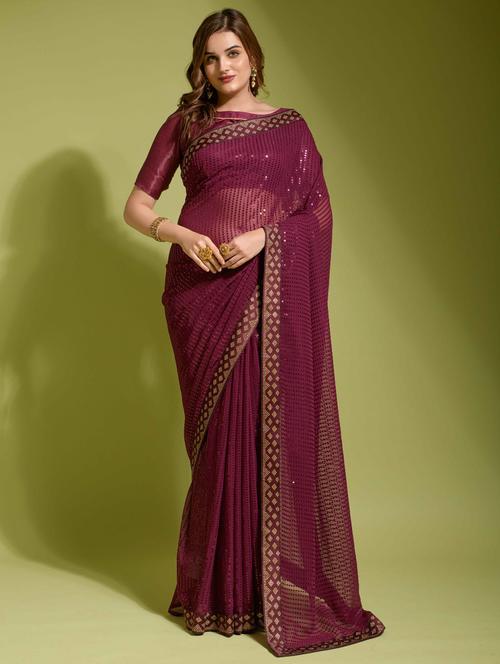 women solid with work embellished saree with blouse - 22060249 - Very Small Image - 1