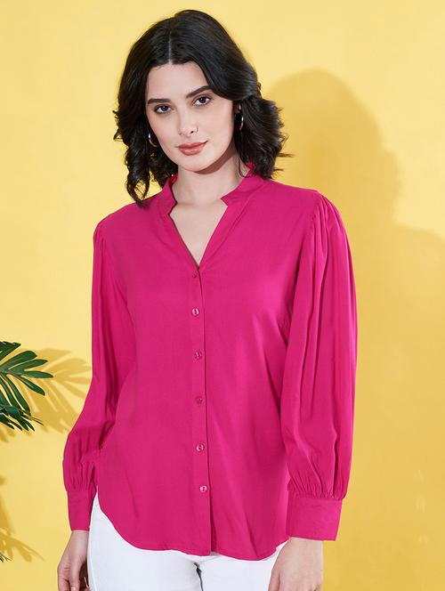 women pink solid mandarin neck long sleeve shirt - 22064136 - Very Small Image - 1