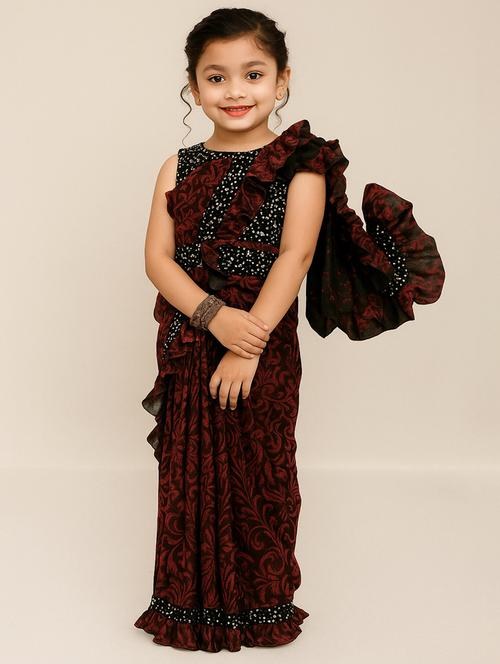 girls maroon self designed ready to wear saree - 22065981 - Very Small Image - 1