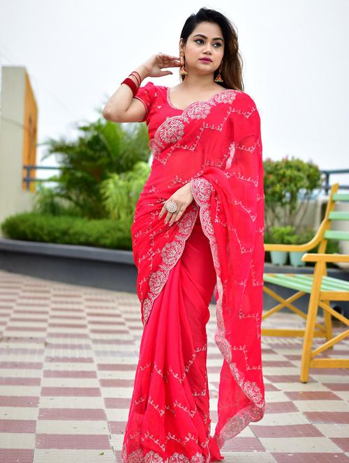 women solid with work embroidered saree with blouse - 22066090 - Very Small Image - 1