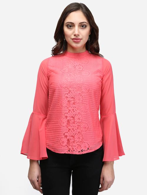 women peach solid bell sleeve lace top - 22068805 - Very Small Image - 1