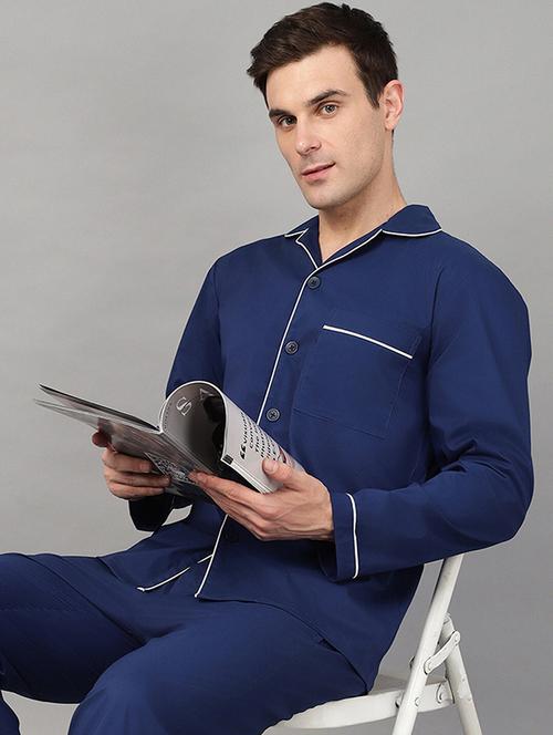 Men Solid Long Sleeve Sleepwear Set - 22069537 - Very Small Image - 1