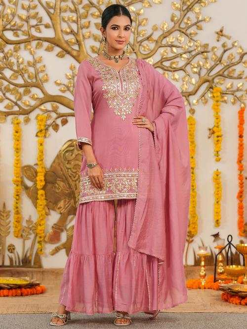 Women Solid With Work Three Quarter Sleeve Kurta Sharara With Dupatta Set - 22072072 - Very Small Image - 1