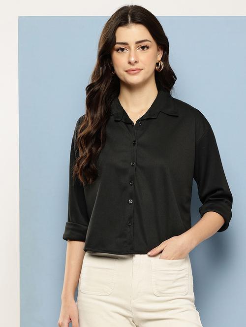 women solid collared long sleeve crop shirt - 22074053 - Very Small Image - 1