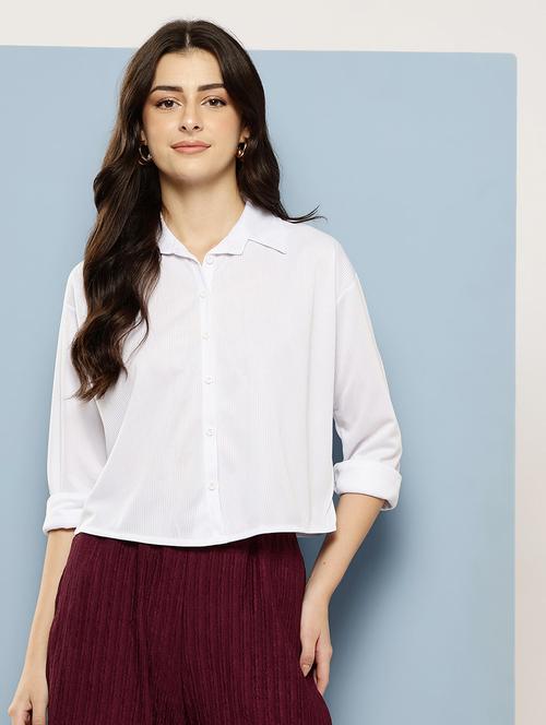 women solid collared long sleeve crop shirt - 22074057 - Very Small Image - 1