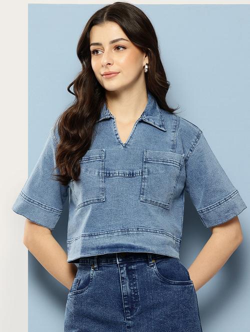 women solid collared denim crop top - 22074101 - Very Small Image - 1