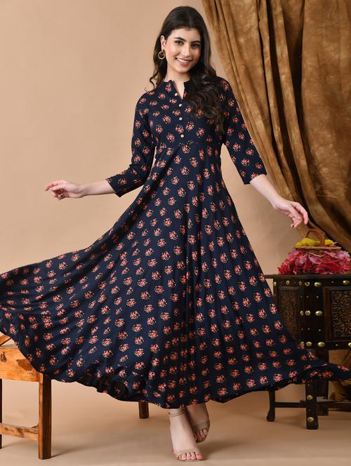 women floral printed three quarter sleeve flared ethnic dress - 22078418 - Very Small Image - 1