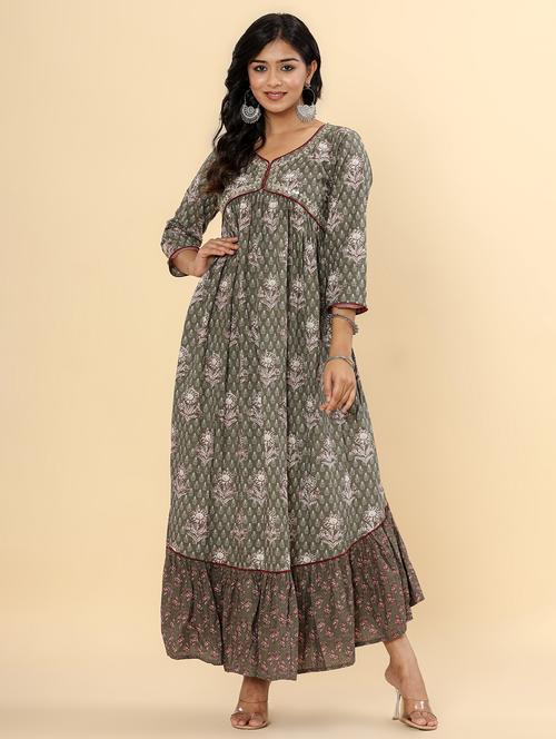 women printed three quarter sleeve tiered ethnic dress - 22078434 - Very Small Image - 1