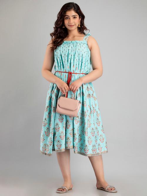 women printed shoulder strap flared ethnic dress - 22078443 - Very Small Image - 1