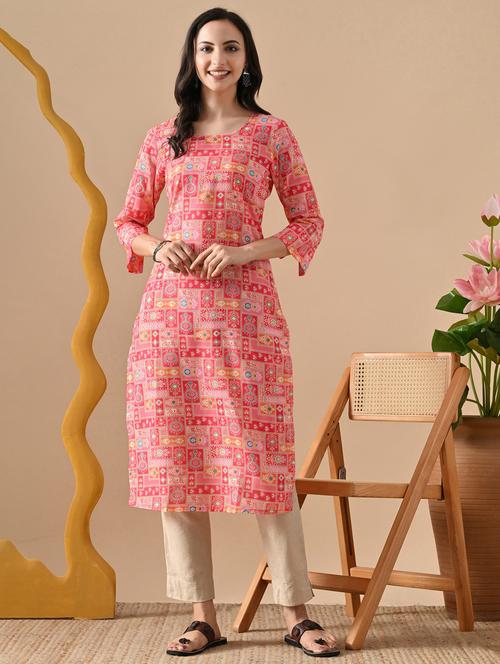 women printed three quarter sleeve straight kurta - 22078445 - Very Small Image - 1
