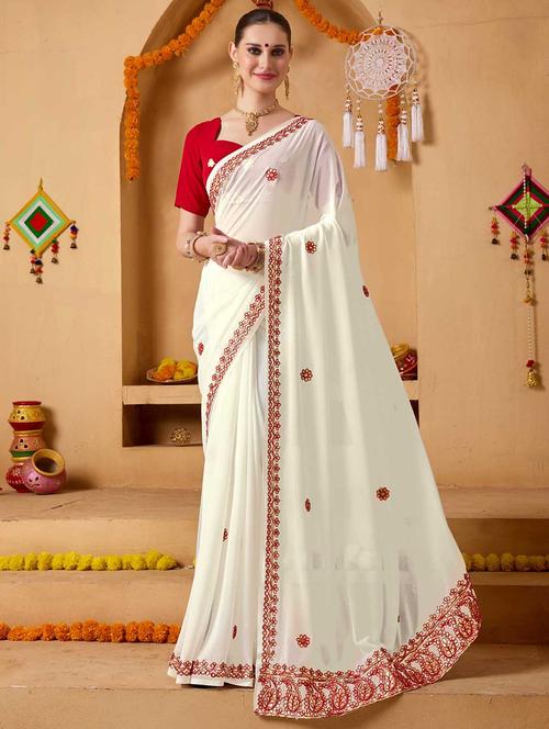 women solid with work embroidered saree with blouse - 22083011 - Very Small Image - 1