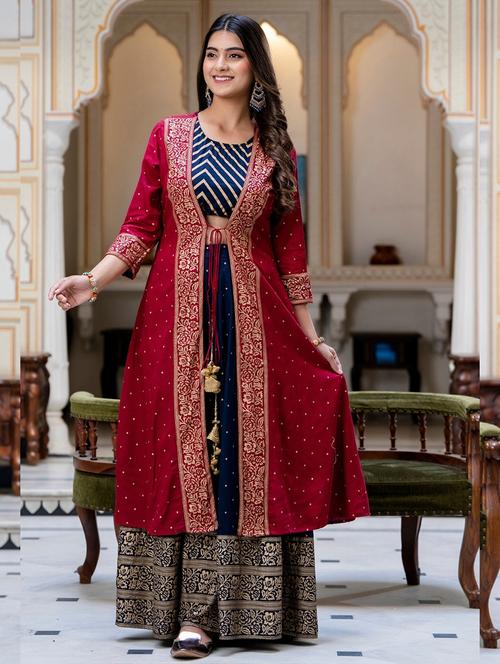 women foil printed skirt top with long jacket set - 22083219 - Very Small Image - 1