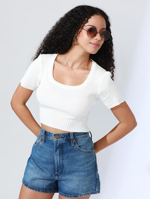 women white solid short sleeve crop top - 22086346 - Very Small Image - 1