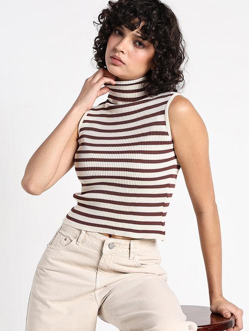 women striped turtle neck sleeveelss crop top - 22086353 - Very Small Image - 1