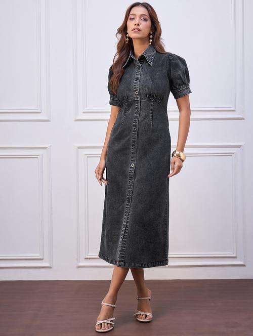 women solid collared puff sleeve denim shirt dress - 22088222 - Very Small Image - 1