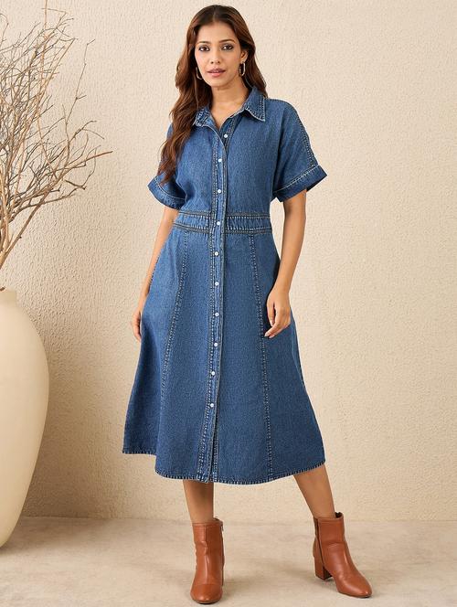 women solid short sleeve denim shirt dress - 22088225 - Very Small Image - 1