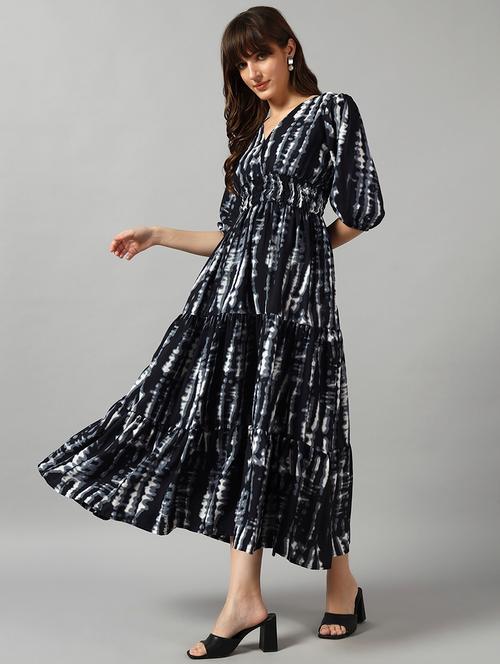 women tie & dye printed puff sleeve tiered dress - 22089247 - Very Small Image - 1