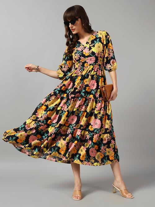 women floral print three quarter sleeve tiered dress - 22089252 - Very Small Image - 1