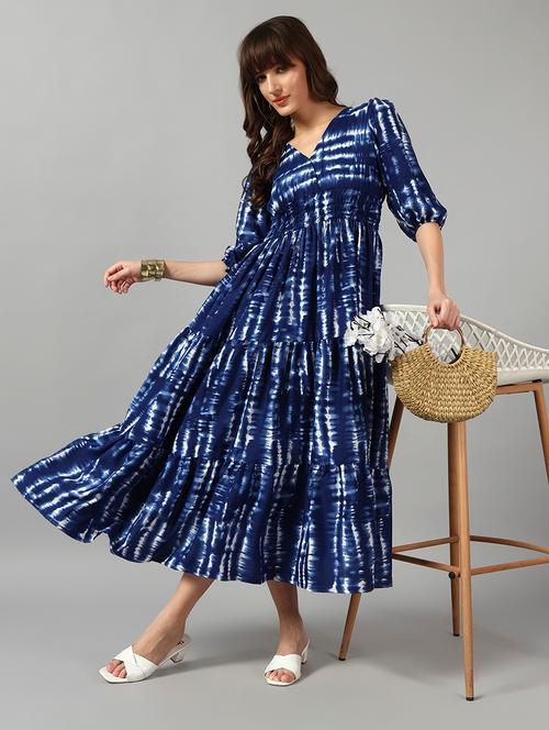 women tie and dye three quarter sleeve tiered dress - 22089282 - Very Small Image - 1