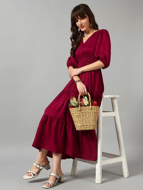 women solid puff sleeve tiered dress - 22089285 - Very Small Image - 1
