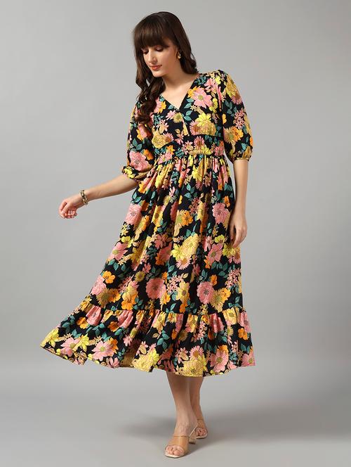 women printed puff sleeve tiered dress - 22090776 - Very Small Image - 1