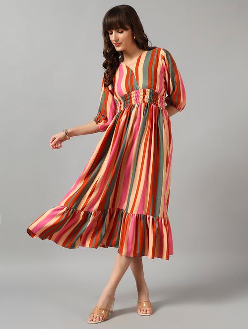 women striped puff sleeve tiered dress - 22090780 - Very Small Image - 1