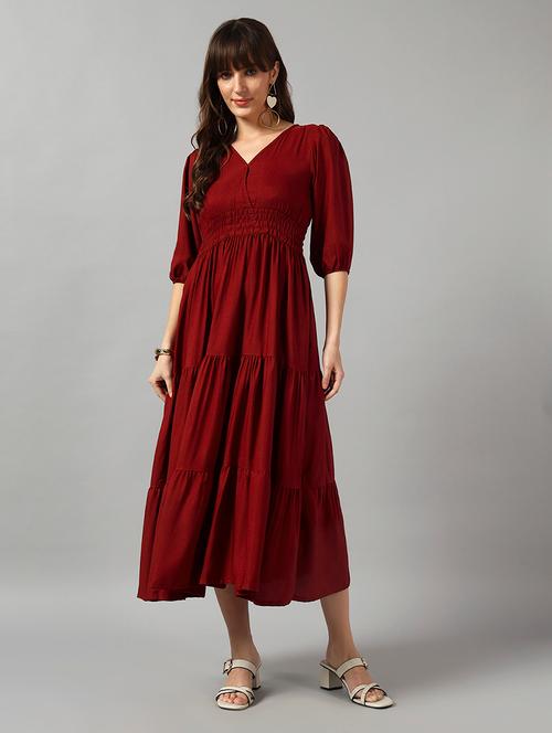 women solid puff sleeve tiered dress - 22091576 - Very Small Image - 1