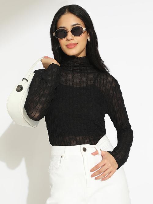 women self desigmed long sleeve high neck sheer top - 22101942 - Very Small Image - 1