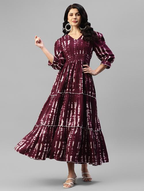women tie & dye printed puff sleeve tiered dress - 22106073 - Very Small Image - 1