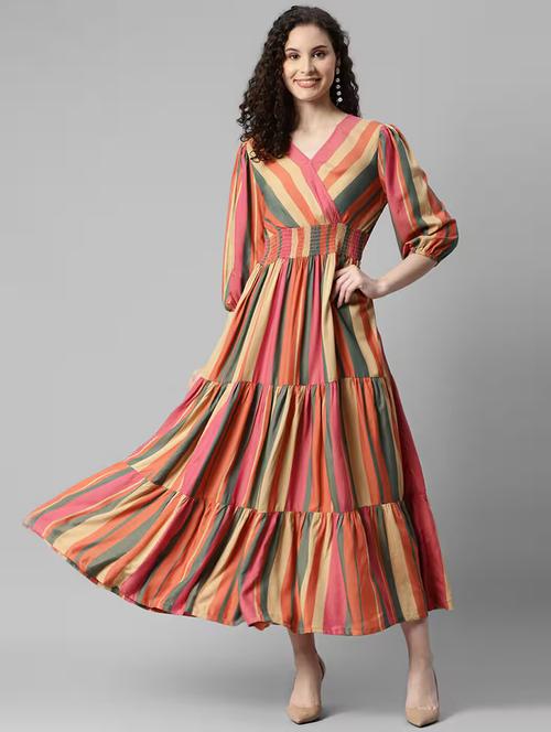 Women Striped Puff Sleeve Tiered Dress - 22106221 - Very Small Image - 1