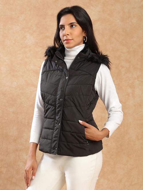 globus women black mock neck winter wear insulator puffer vest jacket with detachable faux fur hood - 22141471 - Very Small Image - 1