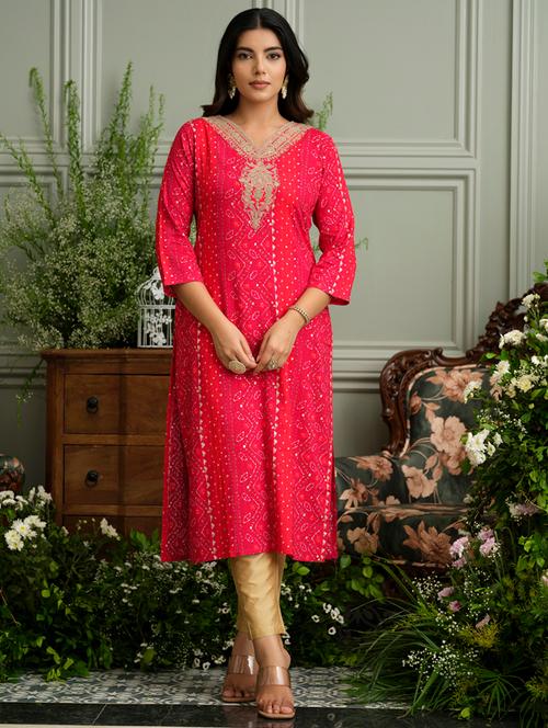 women bandhani three quarter sleeve straight kurta - 22141617 - Very Small Image - 1