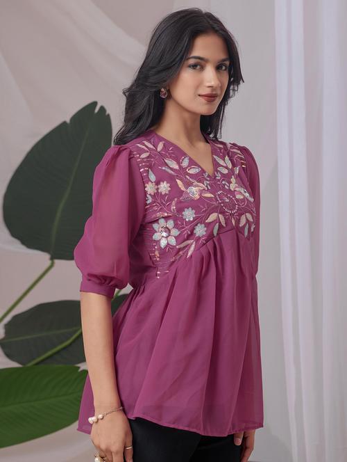 women embroidered puff sleeve a line top - 22143323 - Very Small Image - 1