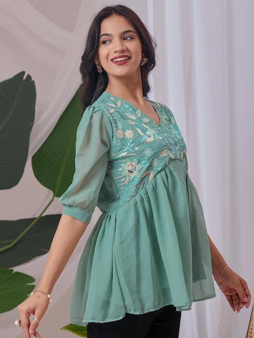 women embroidered puff sleeve a line top - 22143324 - Very Small Image - 1