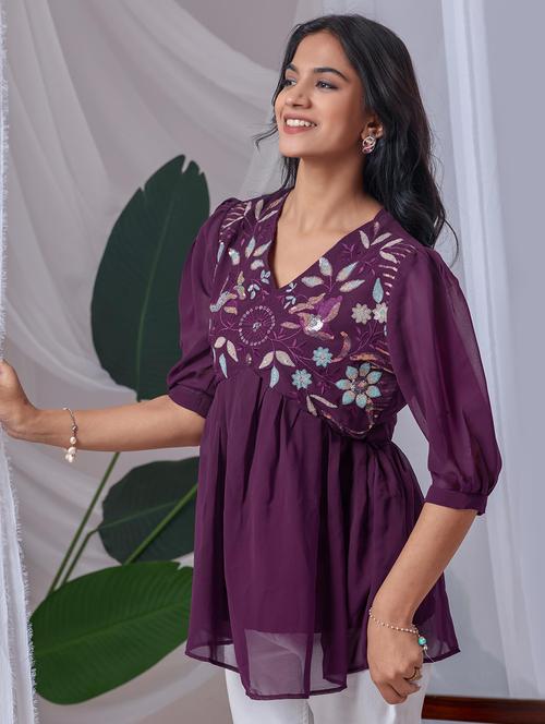 women embroidered puff sleeve a line top - 22143325 - Very Small Image - 1