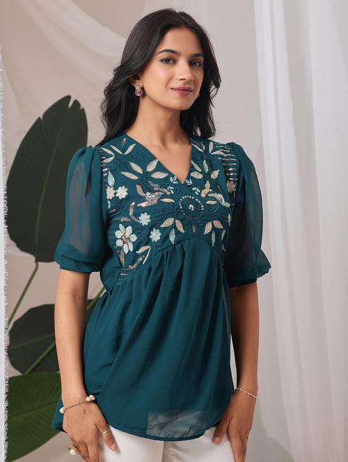 women embroidered puff sleeve a line top - 22143326 - Very Small Image - 1