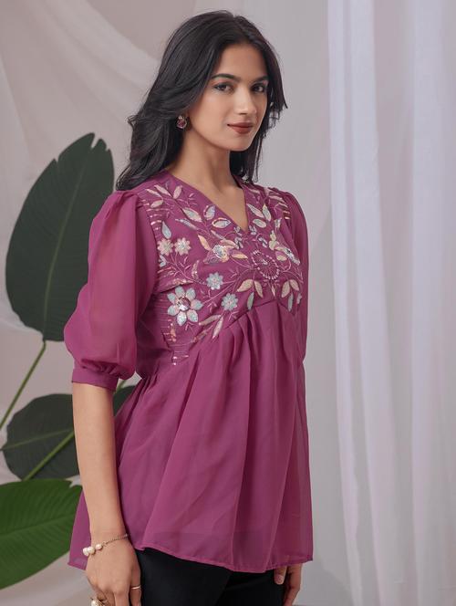 women embroidered puff sleeve a line top - 22143330 - Very Small Image - 1