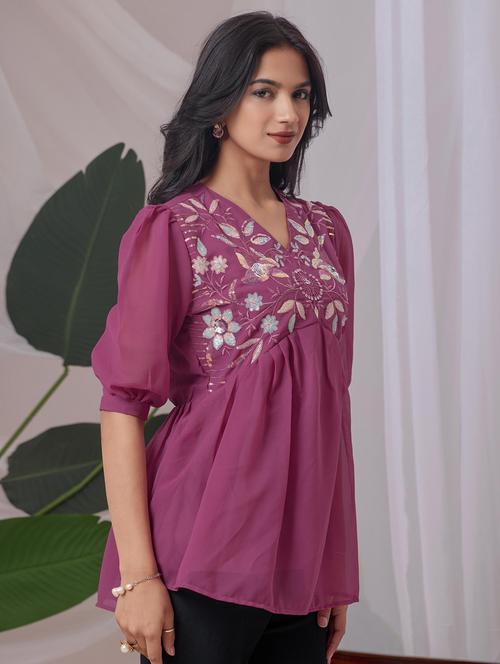 women embroidered puff sleeve a line top - 22143334 - Very Small Image - 1