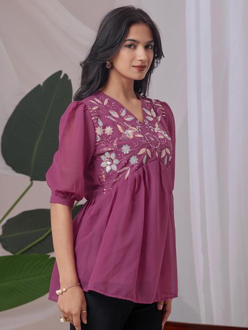 women embroidered puff sleeve a line top - 22143338 - Very Small Image - 1